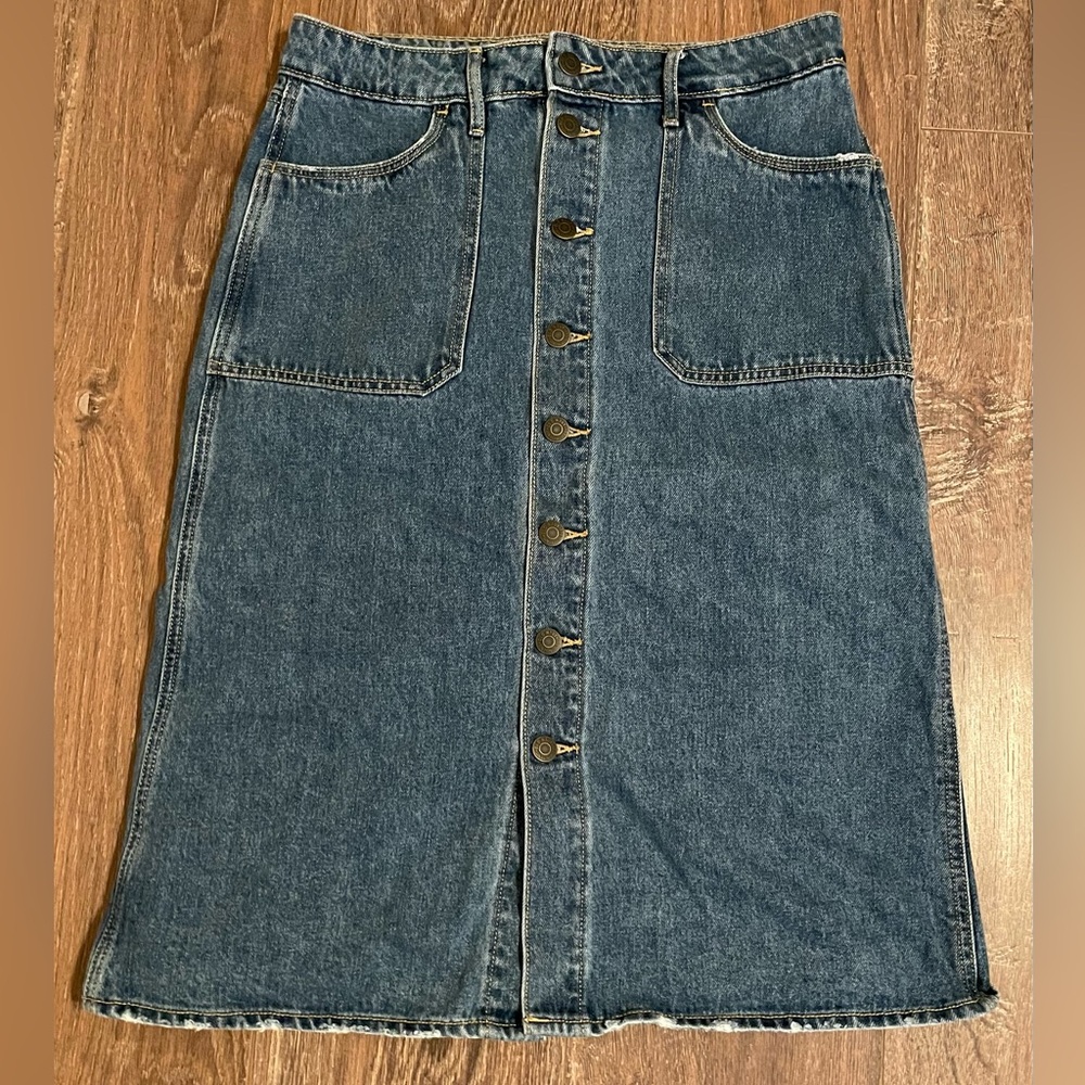 Long denim skirt with buttons down the front